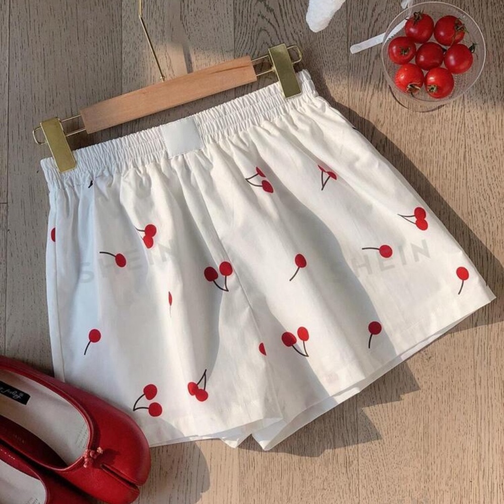 🍒 Fruit Print Summer Casual Boxer Shorts With Adhesive Fabric - Cherries